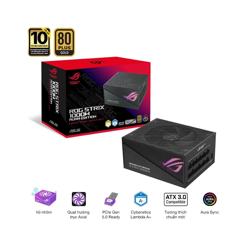 NGUỒN ASUS ROG STRIX 1000W GOLD AURA EDITION (ATX 3.0/PCIE GEN 5.0 /FULL MODULAR/MÀU ĐEN)