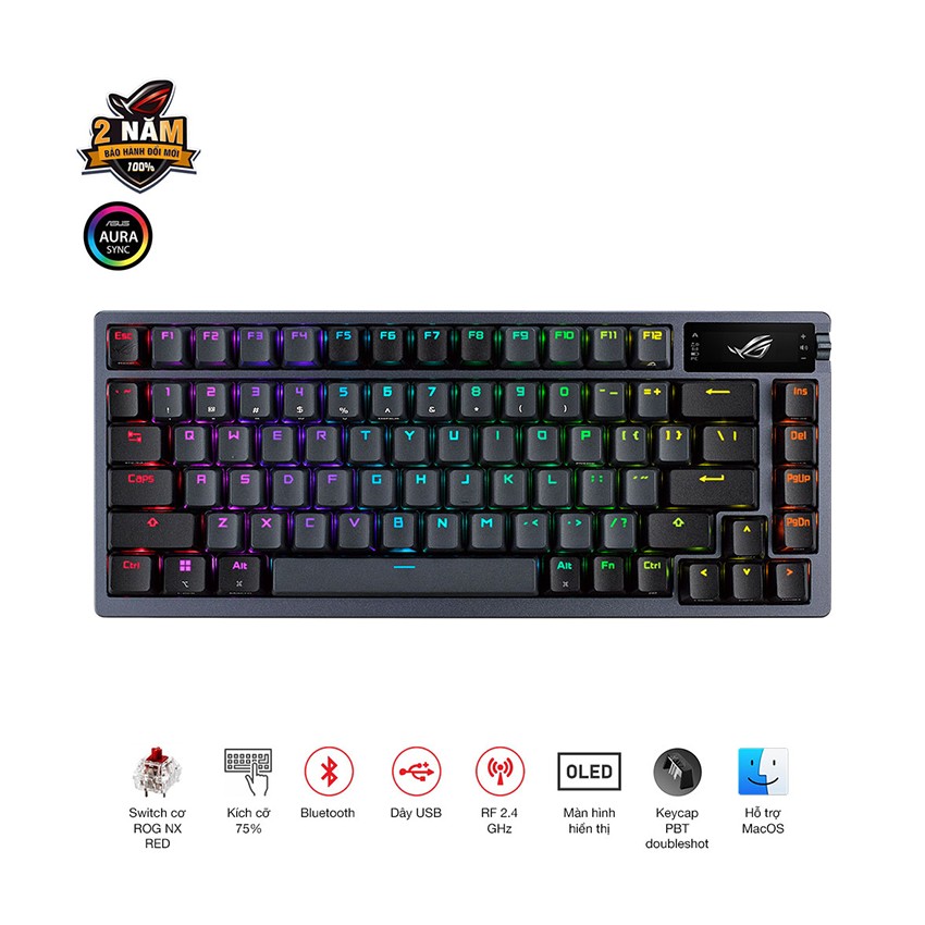 BÀN PHÍM GAMING KHÔNG DÂY ASUS ROG AZOTH NX ĐEN RED SWITCH (WIRELESS/BLUETOOTH/USB/OLED-SCR) 90MP0316-BKUA01